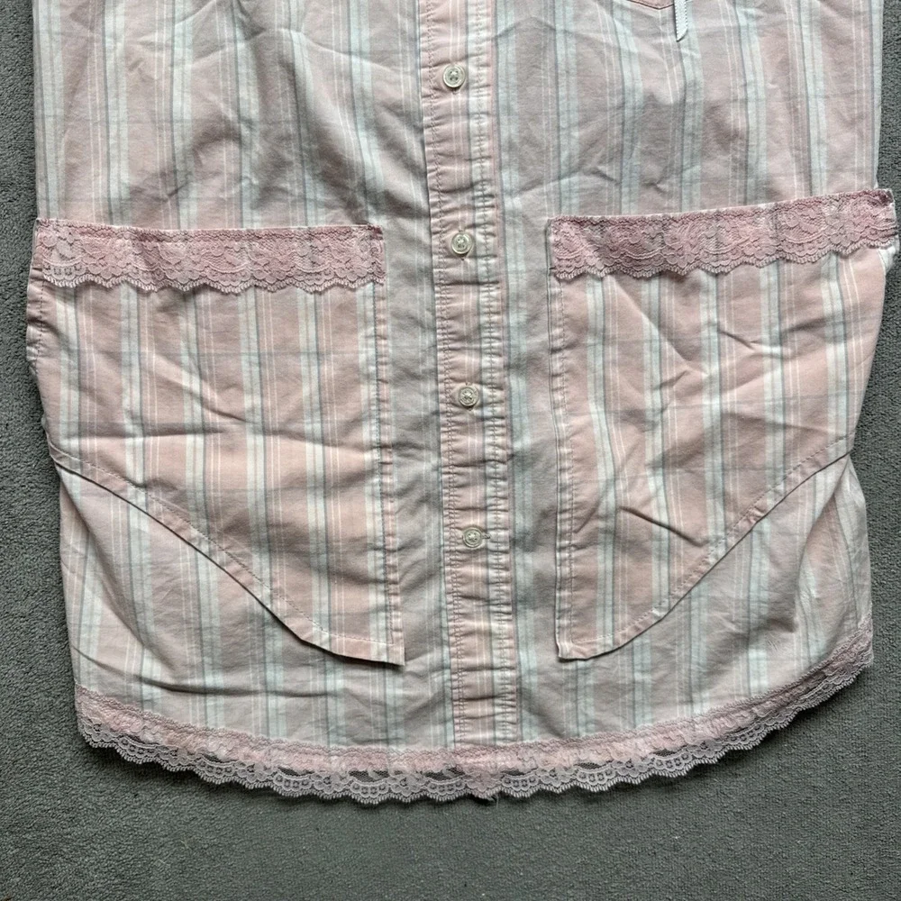 Pink Striped Button Front Halter Apron‎ with Lace Trim Cottagecore Retro Kitchen